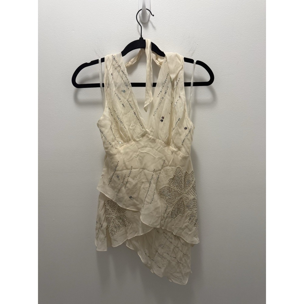 BCBGMAXAZRIA Silk Halter Top L Ivory Ruffle Beaded Y2K Romantic Asymmetrical